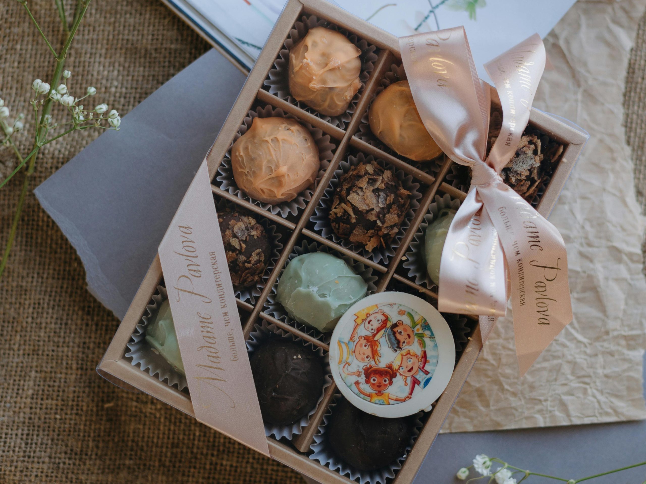 Quadratische Box 'Signature Selection' auf Holztisch, enthält diverse Trüffel-Pralinen und ist mit einer breiten rosa Satin-Schleife verziert