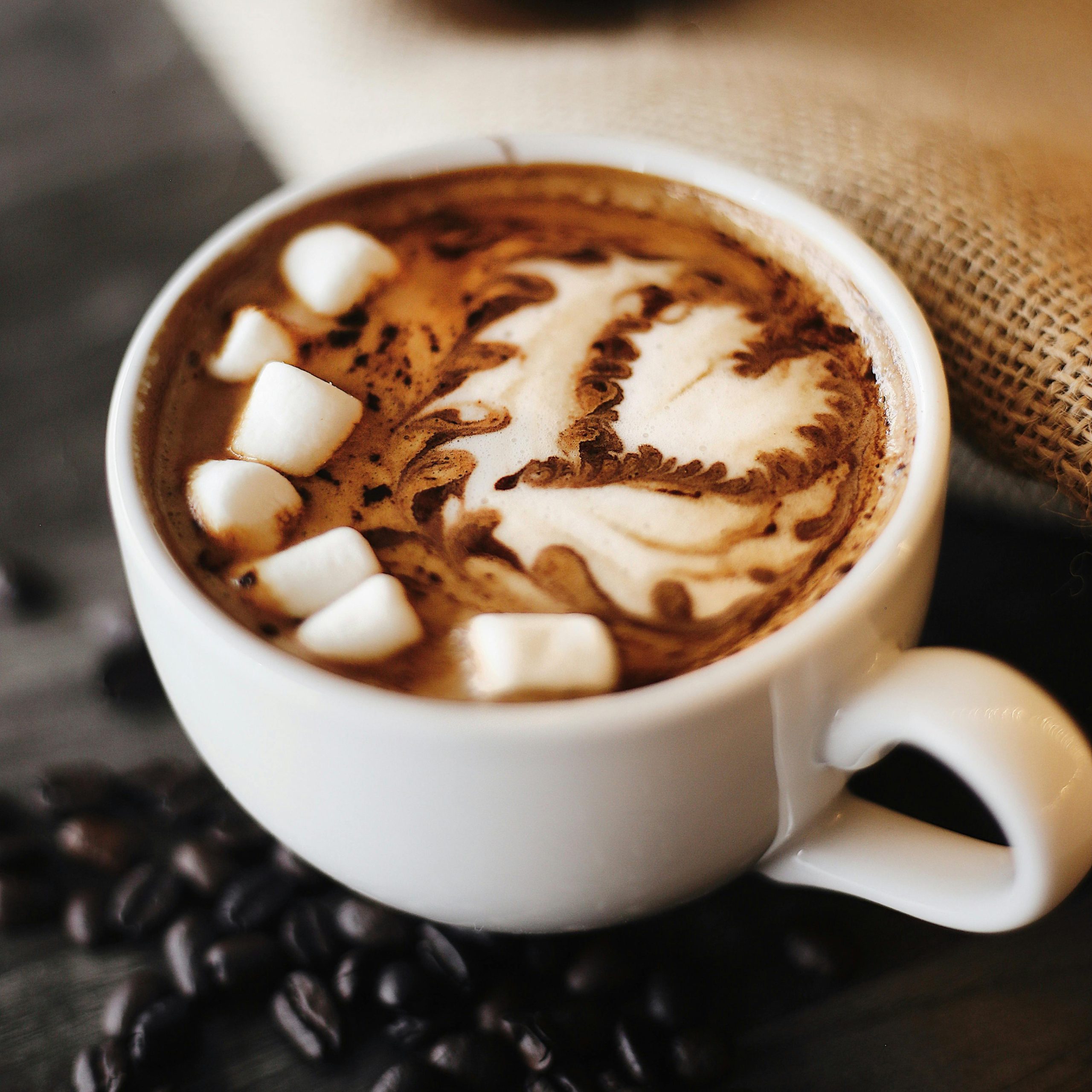 Handgemachte Trinkschokolade in einer weißen Tasse mit Marshmallows